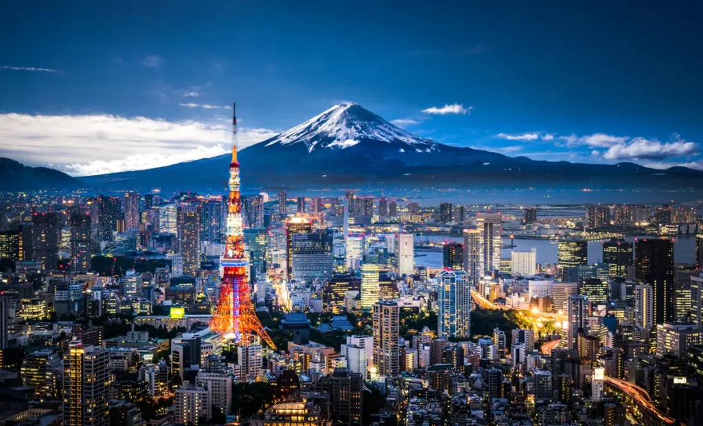 Night view of Mount Fuji and Tokyo